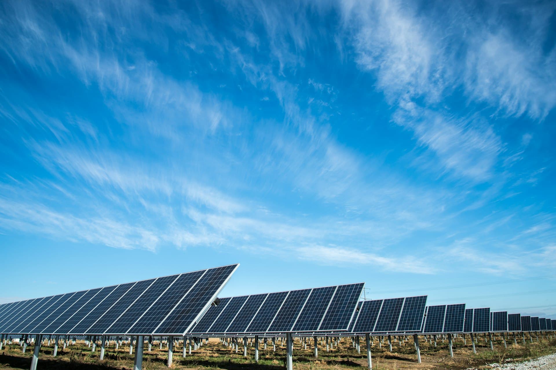 Rows of solar panels in an open landscape
